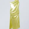 Vestido midi asimétrico drapeado con solapas – Amarillo brillante Vestido midi asimétrico drapeado con solapas – Amarillo brillante