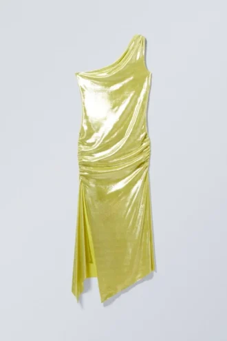 Vestido midi asimétrico drapeado con solapas – Amarillo brillante