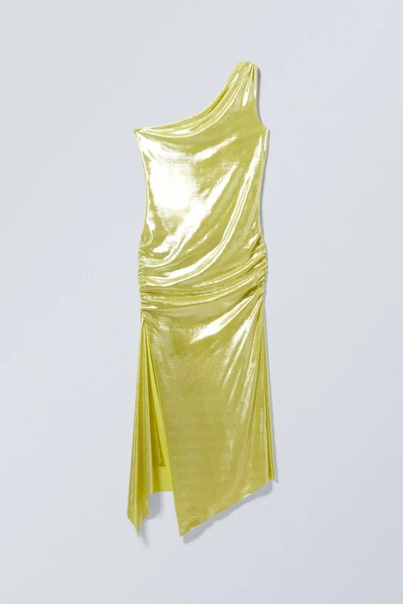 Vestido midi asimétrico drapeado con solapas – Amarillo brillante Vestido midi asimétrico drapeado con solapas – Amarillo brillante