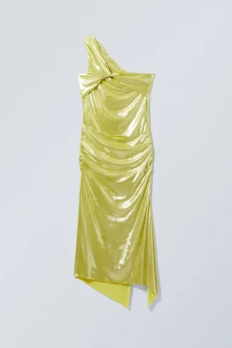 Vestido midi asimétrico drapeado con solapas – Amarillo brillante