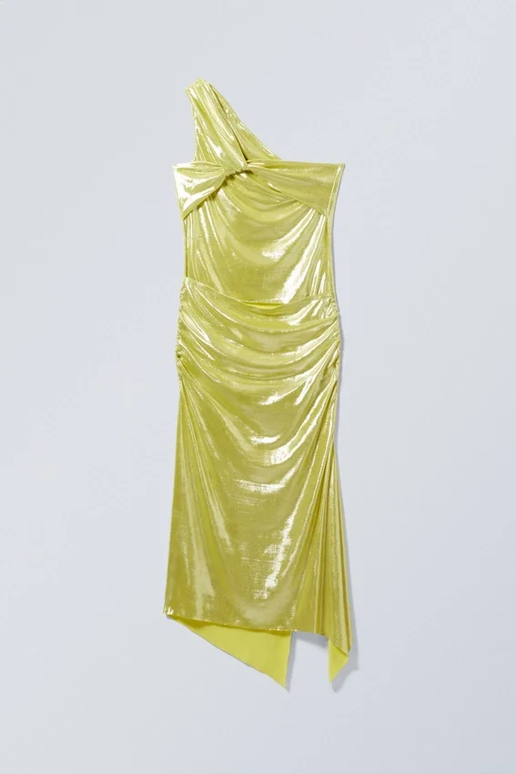 Vestido midi asimétrico drapeado con solapas – Amarillo brillante Vestido midi asimétrico drapeado con solapas – Amarillo brillante