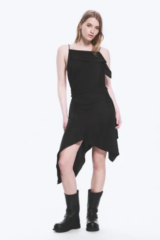 Vestido midi asimétrico sin mangas con cuello cowl – Negro