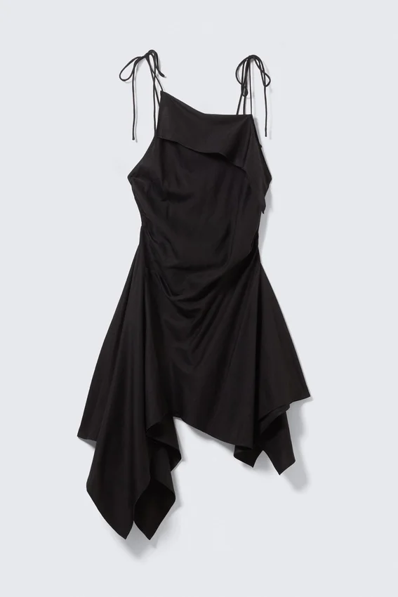 Vestido midi asimétrico sin mangas con cuello cowl – Negro Vestido midi asimétrico sin mangas con cuello cowl – Negro