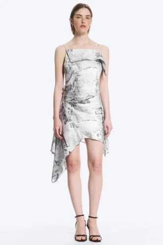 Vestido midi asimétrico sin mangas con cuello vuelto – Estampado en negro y blanco