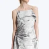 Vestido midi asimétrico sin mangas con cuello vuelto – Estampado en negro y blanco