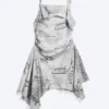Vestido midi asimétrico sin mangas con cuello vuelto – Estampado en negro y blanco
