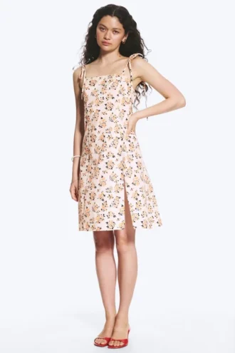 Vestido midi con cuello cuadrado y abertura – Blanco – Estampado floral rosa