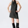 Vestido midi con cuello halter drapeado y cuello cowl – Rayas gris oscuro Vestido midi con cuello halter drapeado y cuello cowl – Rayas gris oscuro