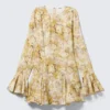 Vestido mini ajustado de manga larga con volantes – Estampado floral amarillo