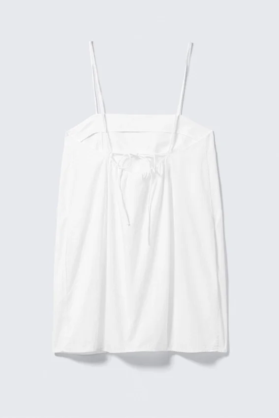 Vestido mini de sarga con lazo en la espalda – Blanco Vestido mini de sarga con lazo en la espalda – Blanco