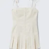 Vestido mini de sarga con pliegues y tirantes atados – Beige claro