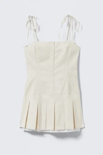 Vestido mini de sarga con pliegues y tirantes atados – Beige claro
