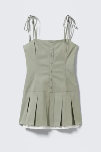 Vestido mini de sarga con pliegues y tirantes atados – Verde caqui claro