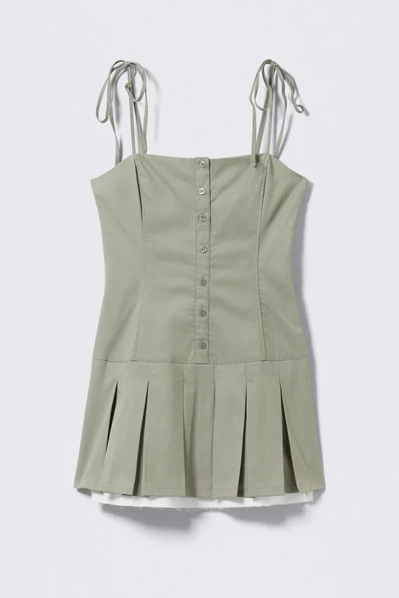 Vestido mini de sarga con pliegues y tirantes atados – Verde caqui claro Vestido mini de sarga con pliegues y tirantes atados – Verde caqui claro