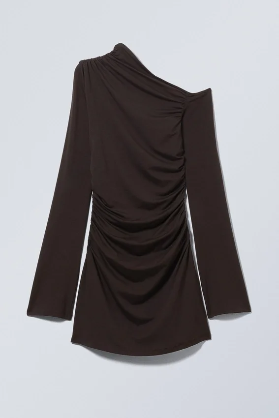 Vestido mini fruncido de manga larga – Marrón oscuro Vestido mini fruncido de manga larga – Marrón oscuro