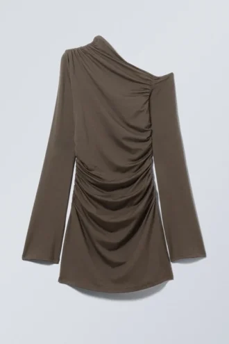 Vestido mini fruncido de manga larga – Marrón oscuro