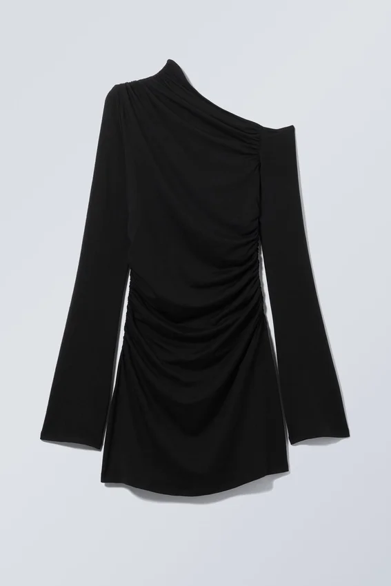 Vestido mini fruncido de manga larga – Negro Vestido mini fruncido de manga larga – Negro