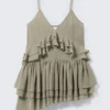 Vestido mini sin mangas con volantes en capas – Verde caqui Vestido mini sin mangas con volantes en capas – Verde caqui