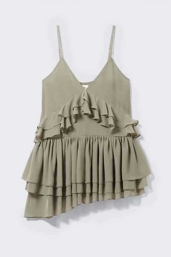 Vestido mini sin mangas con volantes en capas – Verde caqui Vestido mini sin mangas con volantes en capas – Verde caqui