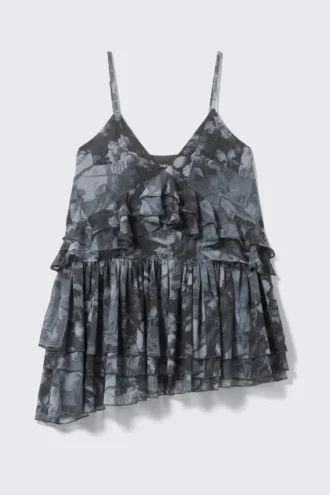 Vestido mini tipo camiseta con volantes en capas – Gris oscuro – Collage barroco