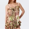 Vestido sin mangas de corte globo – Lunares florales marrones y verdes