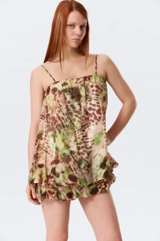 Vestido sin mangas de corte globo – Lunares florales marrones y verdes