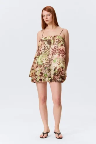 Vestido sin mangas de corte globo – Lunares florales marrones y verdes
