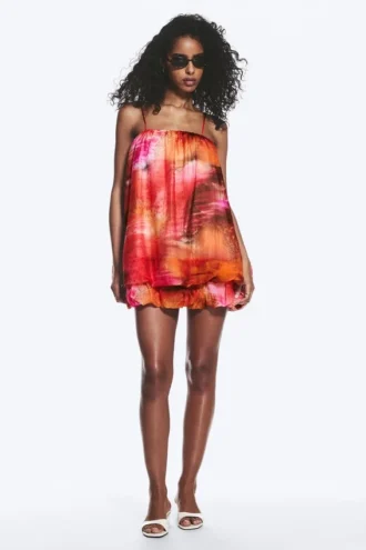 Vestido sin mangas de corte globo – Rojo y naranja – Calypso Flower