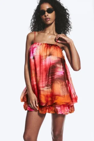 Vestido sin mangas de corte globo – Rojo y naranja – Calypso Flower