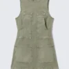 Vestido sin mangas de sarga de algodón utilitario – Verde caqui
