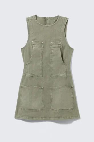 Vestido sin mangas de sarga de algodón utilitario – Verde caqui