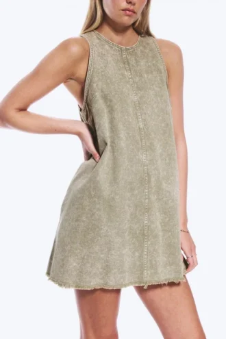 Vestido sin mangas de sarga de algodón – Verde caqui lavado