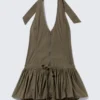 Vestido utilitario con cuello halter – Verde caqui oscuro