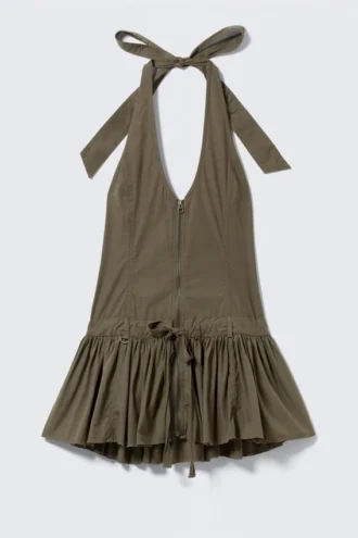 Vestido utilitario con cuello halter – Verde caqui oscuro